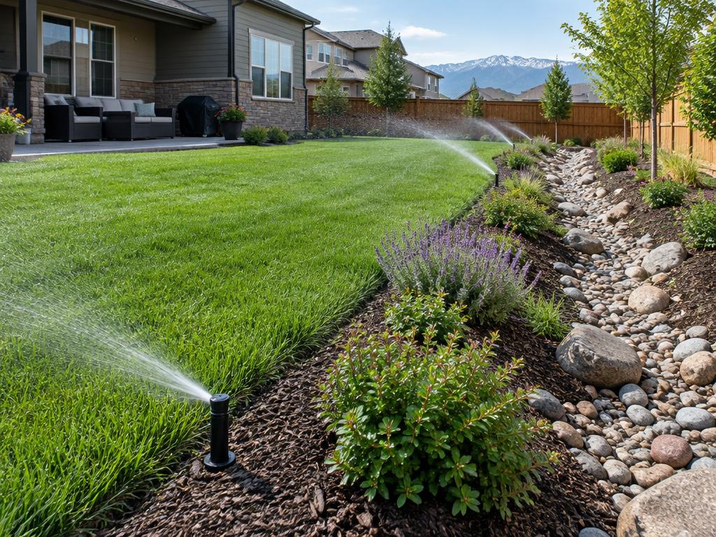Sprinklers watering a lawn beside a rock-lined drainage swale