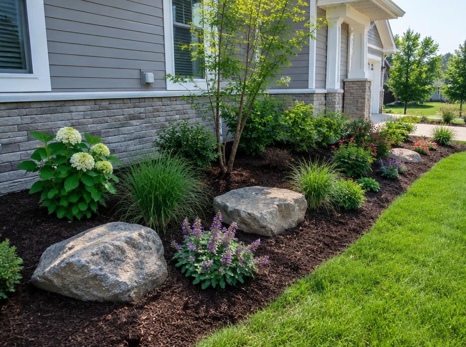 Planted residential front yard with shaped beds and shrubs