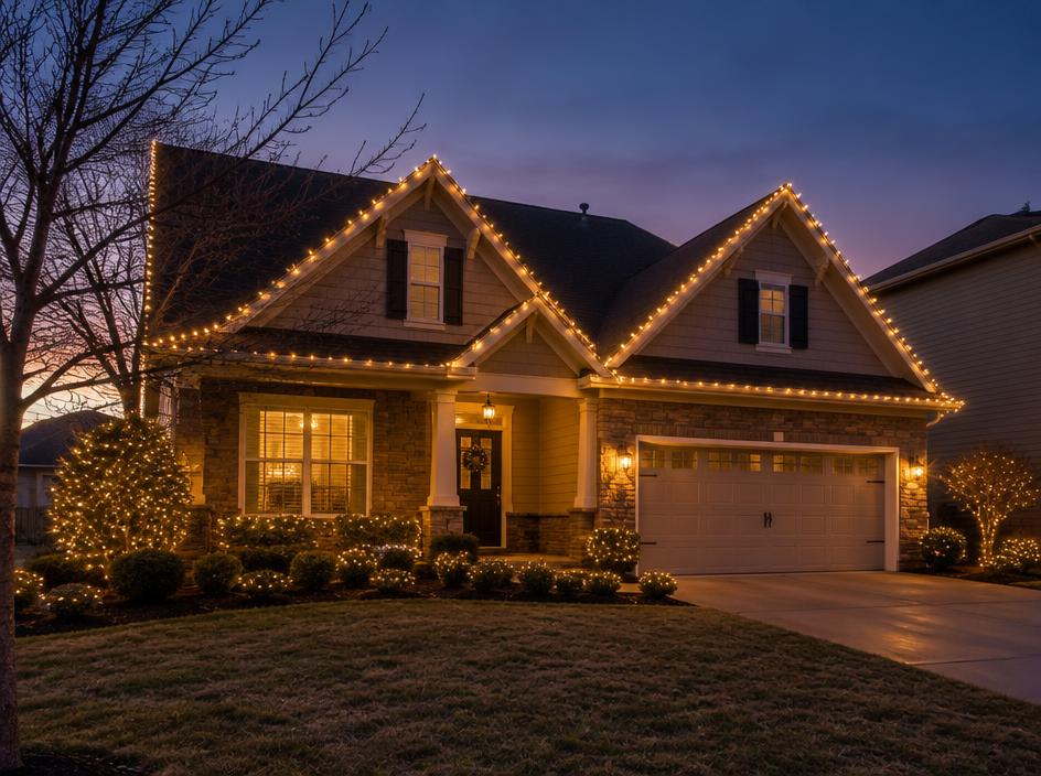 Home with seasonal lights along the roofline and trees