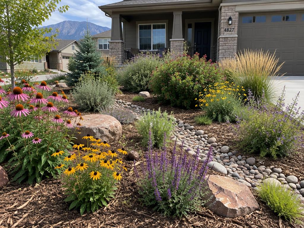 Water-wise front yard with flowering perennials, grasses and wood mulch
